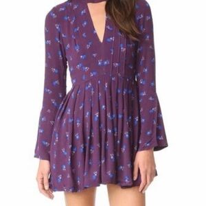 Free People Tegan Printed Mini Dress Purple Floral Women’s 4 Boho Long Sleeve